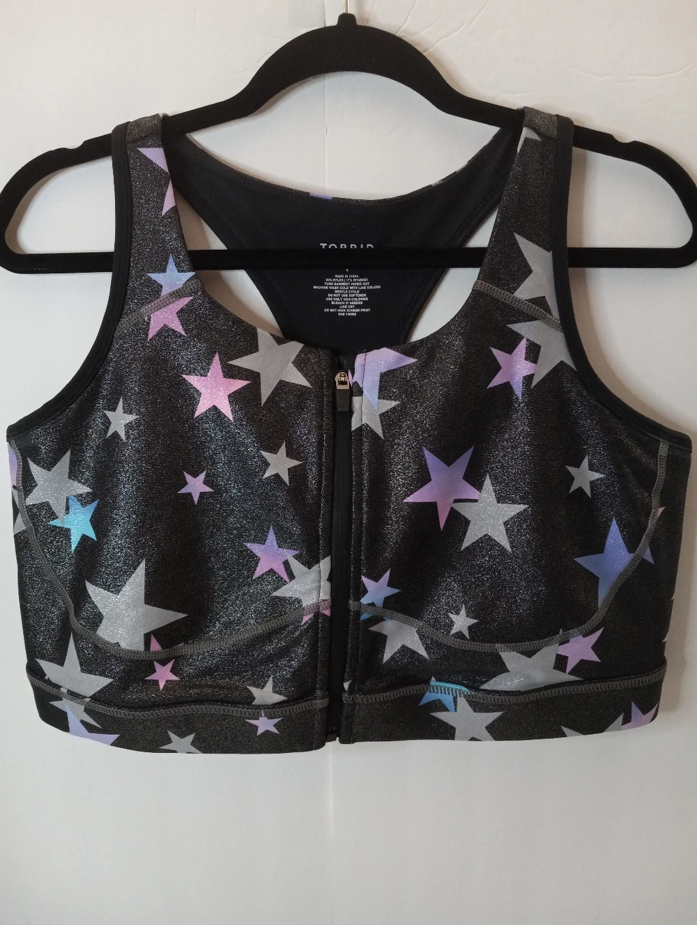 Torrid Wireless Zip-Front Foil Stars Print Racerback Active Sports Bra 1X